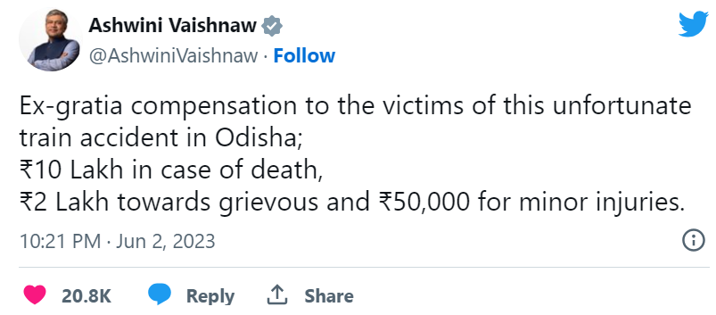 According to his announcement, a compensation amount of Rs 10 lakh will be provided to the families of the deceased