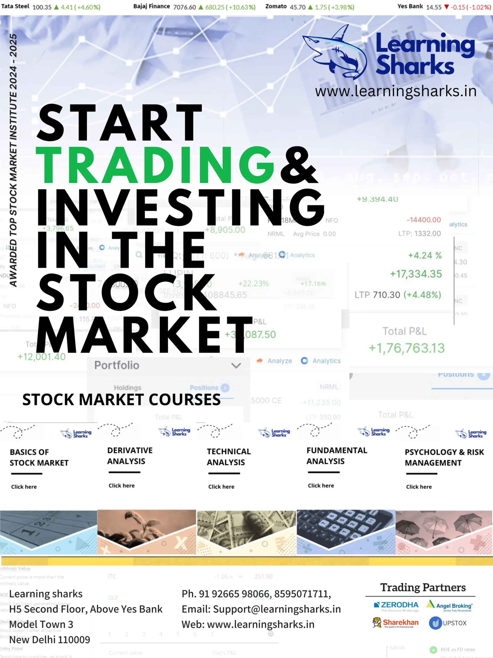 Visual guide encouraging beginners to start trading and investing in the stock market with steps, tools, and key strategies