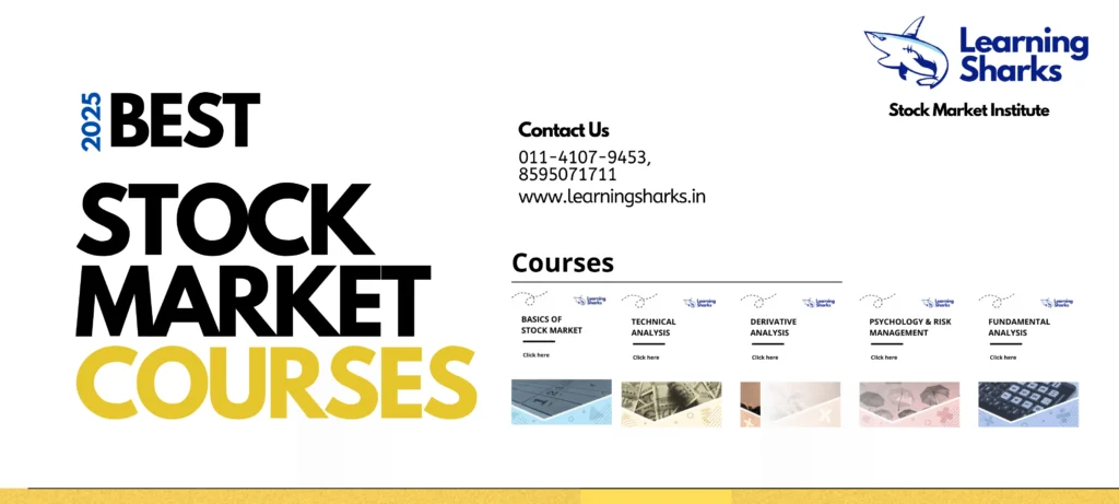 Infographic listing the best stock market courses of 2025 including technical analysis, fundamental analysis, options trading, intraday strategies, and portfolio management